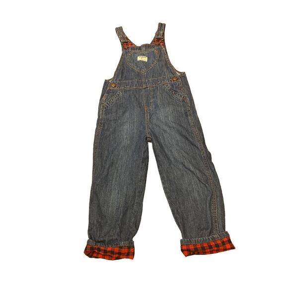 Oshkosh B'gosh Vestbak Overalls Denim Blue Heart SZ 5T ROLLED RED PLAID CUFF - Picture 3 of 12